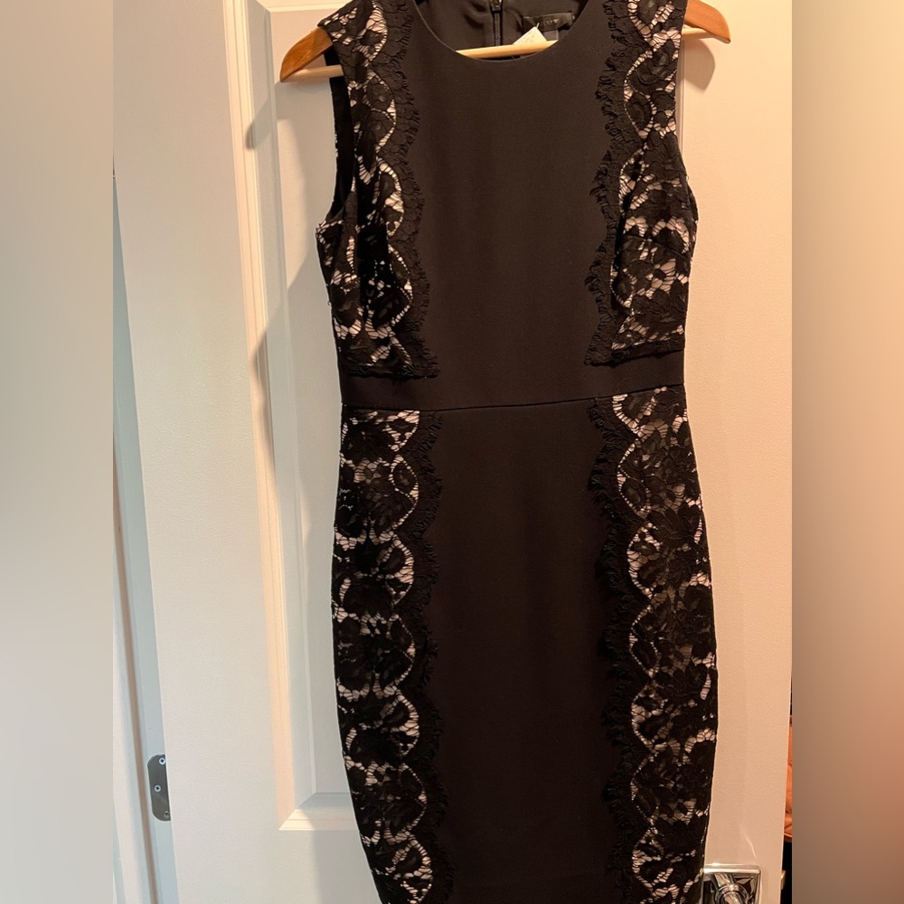 J. Crew suiting or cocktail dress - black with lace overlay side panels. Size 4